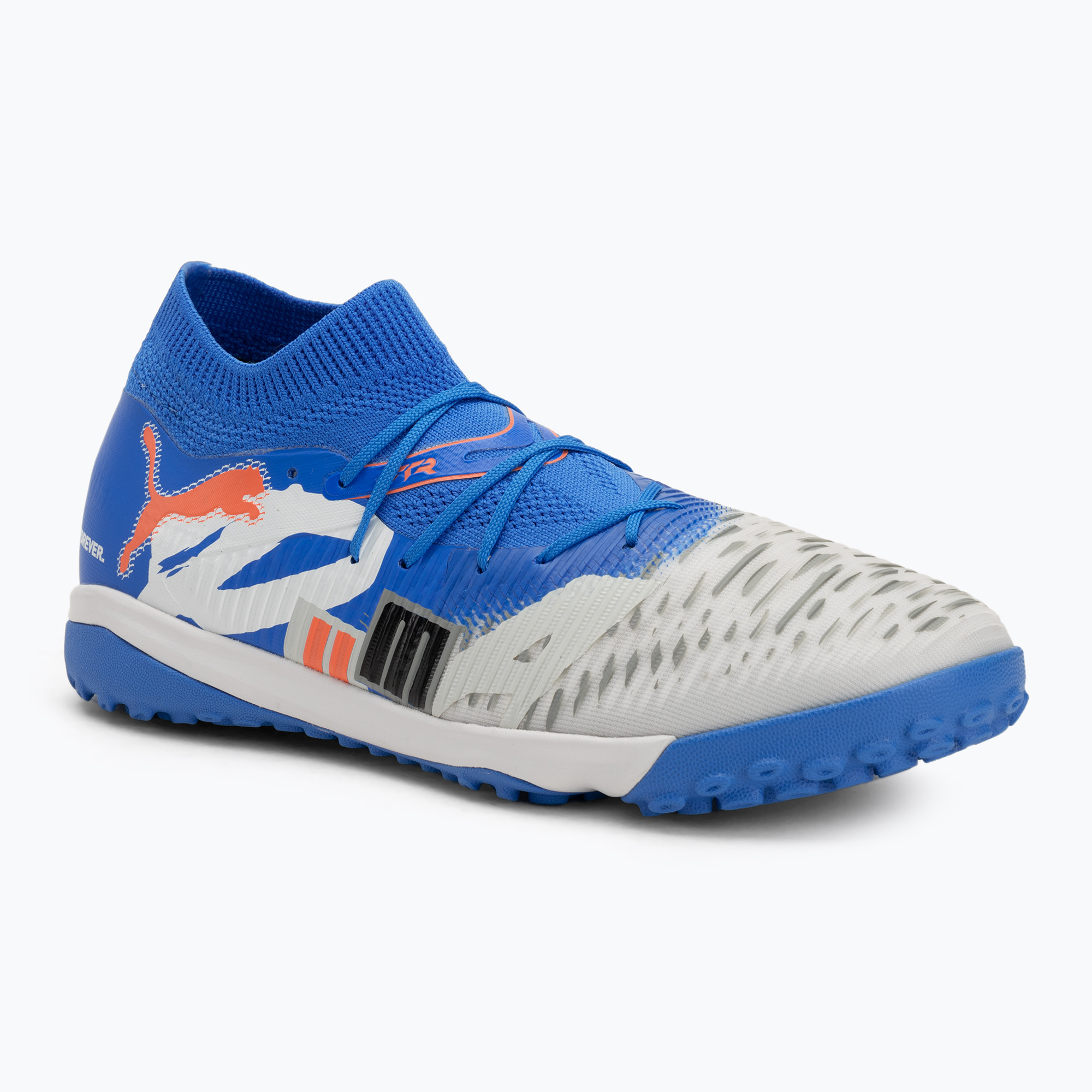 Încălțăminte de fotbal pentru bărbați PUMA Future 8 Match Forever TT white/ultra blue/feather gray/puma black/glowing red (Future 8 Match Forever TT 108425 01)