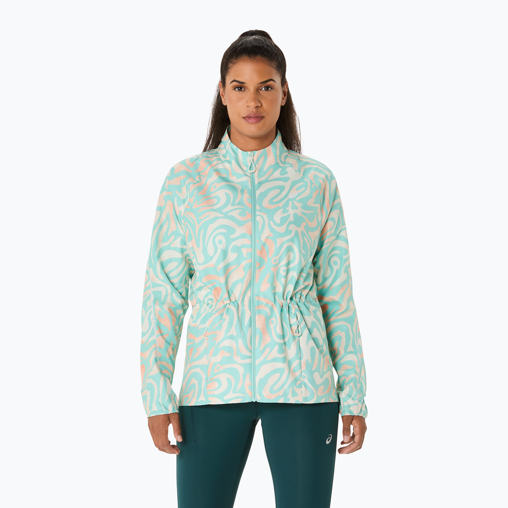 Geacă de alergare pentru femei ASICS Road Lite-Show Packable oasis green/multi color (Road Lite-Show Packable 2012D079-300)