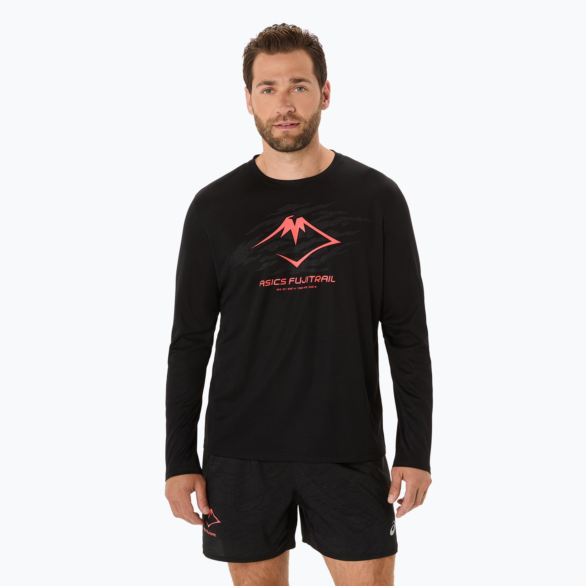 Longsleeve de alergare pentru bărbați ASICS Fujitrail Logo performance black/carbon/coral reefl (Fujitrail Logo 2011C987-003)