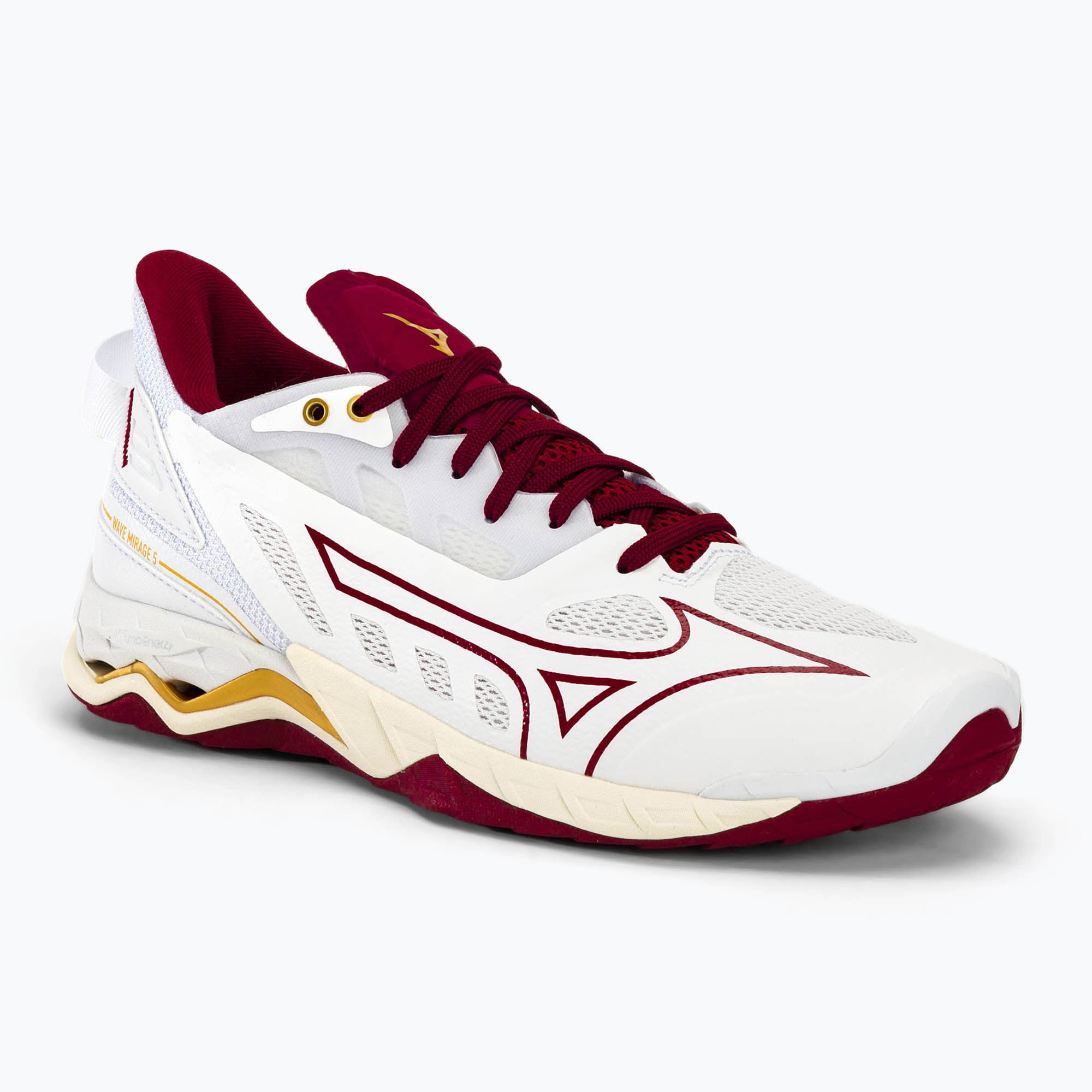 Încălțăminte de handbal pentru femei Mizuno Wave Mirage 5 white/cabernet/mp gold (Wave Mirage 5 X1GB235045)