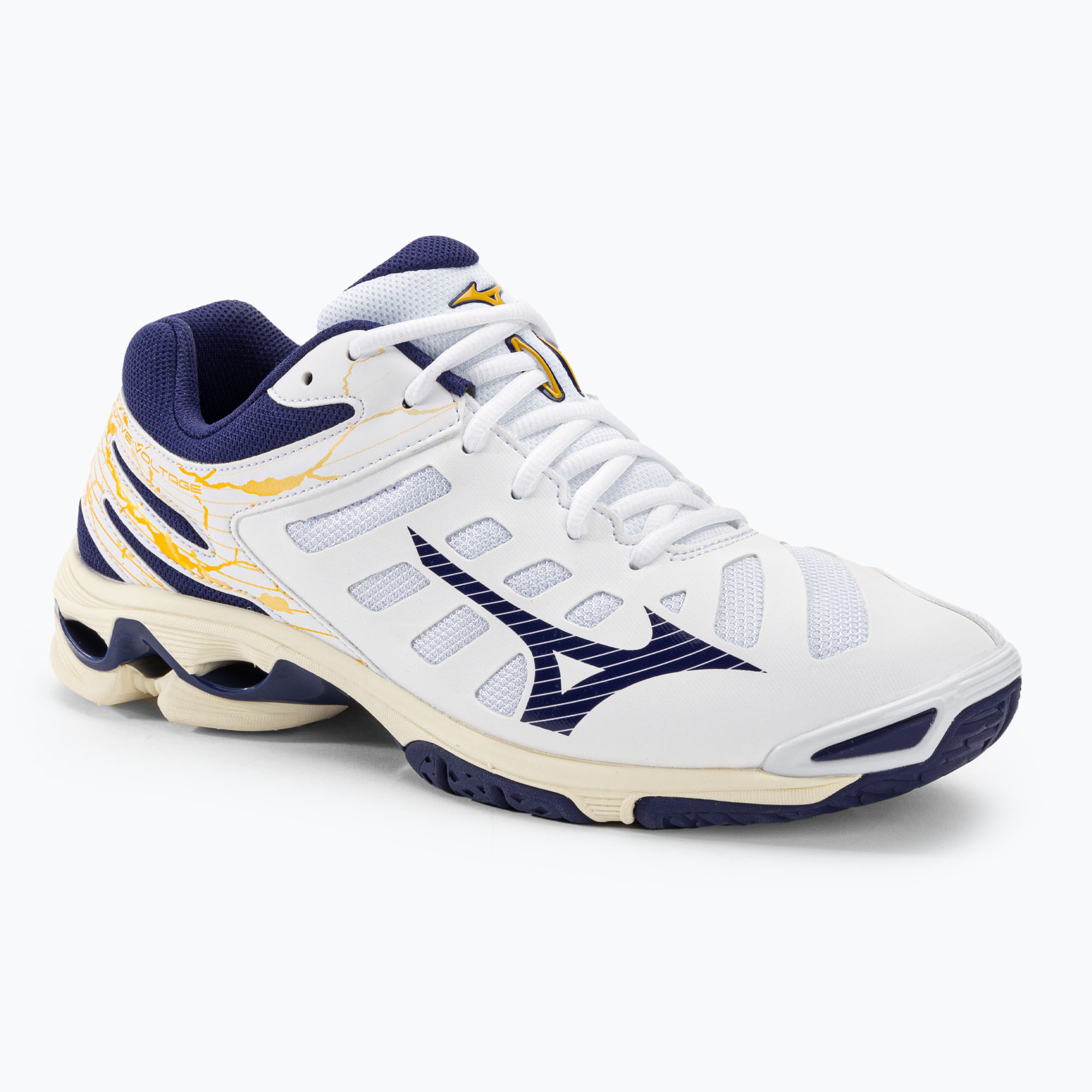Pantofi de volei pentru bărbați Mizuno Wave Voltage alb / panglică albastră / mp gold