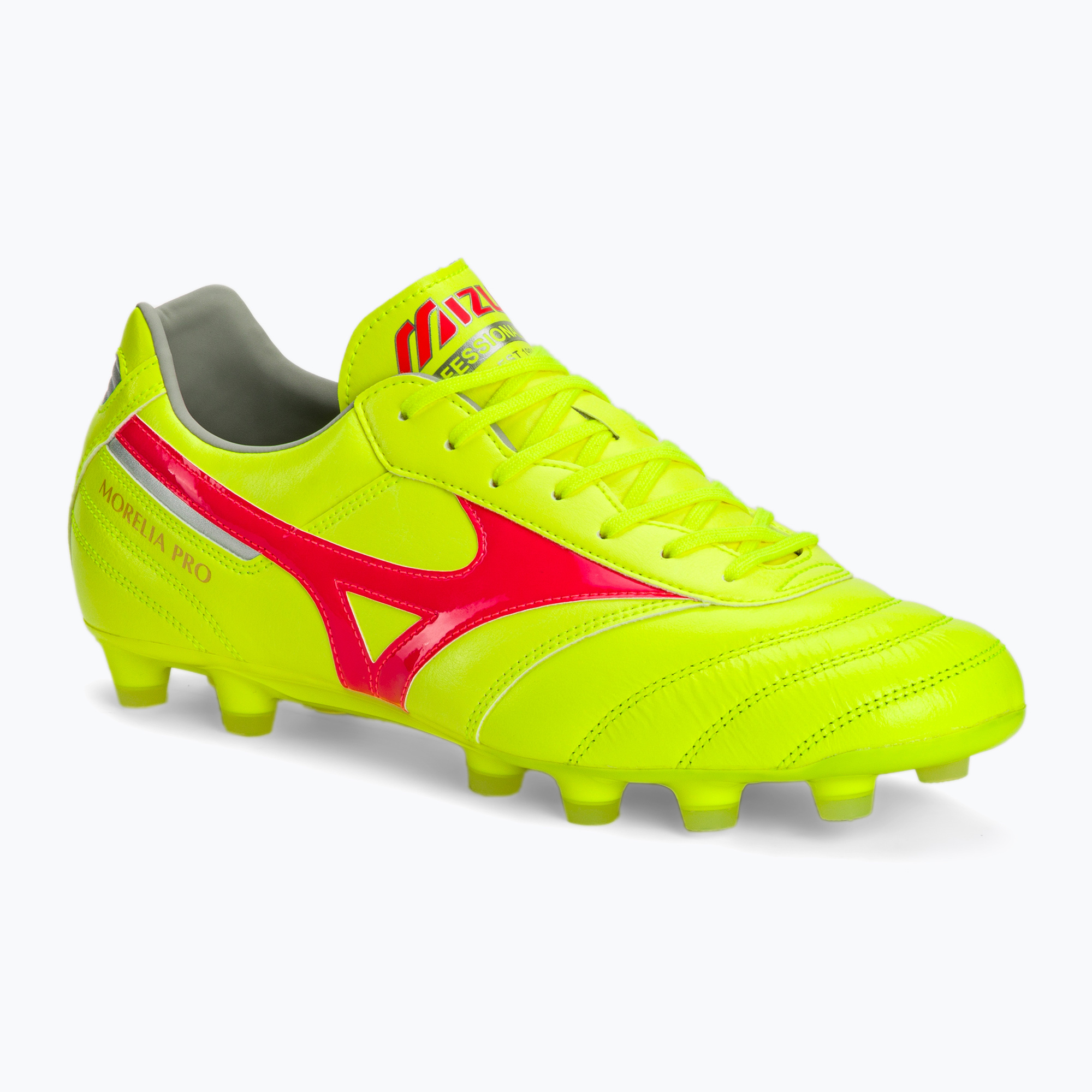 Încălțăminte de fotbal pentru bărbați Mizuno Morelia II Pro MD safety yellow/fiery coral 2/galaxy silver (Morelia II Pro MD P1GA241345)