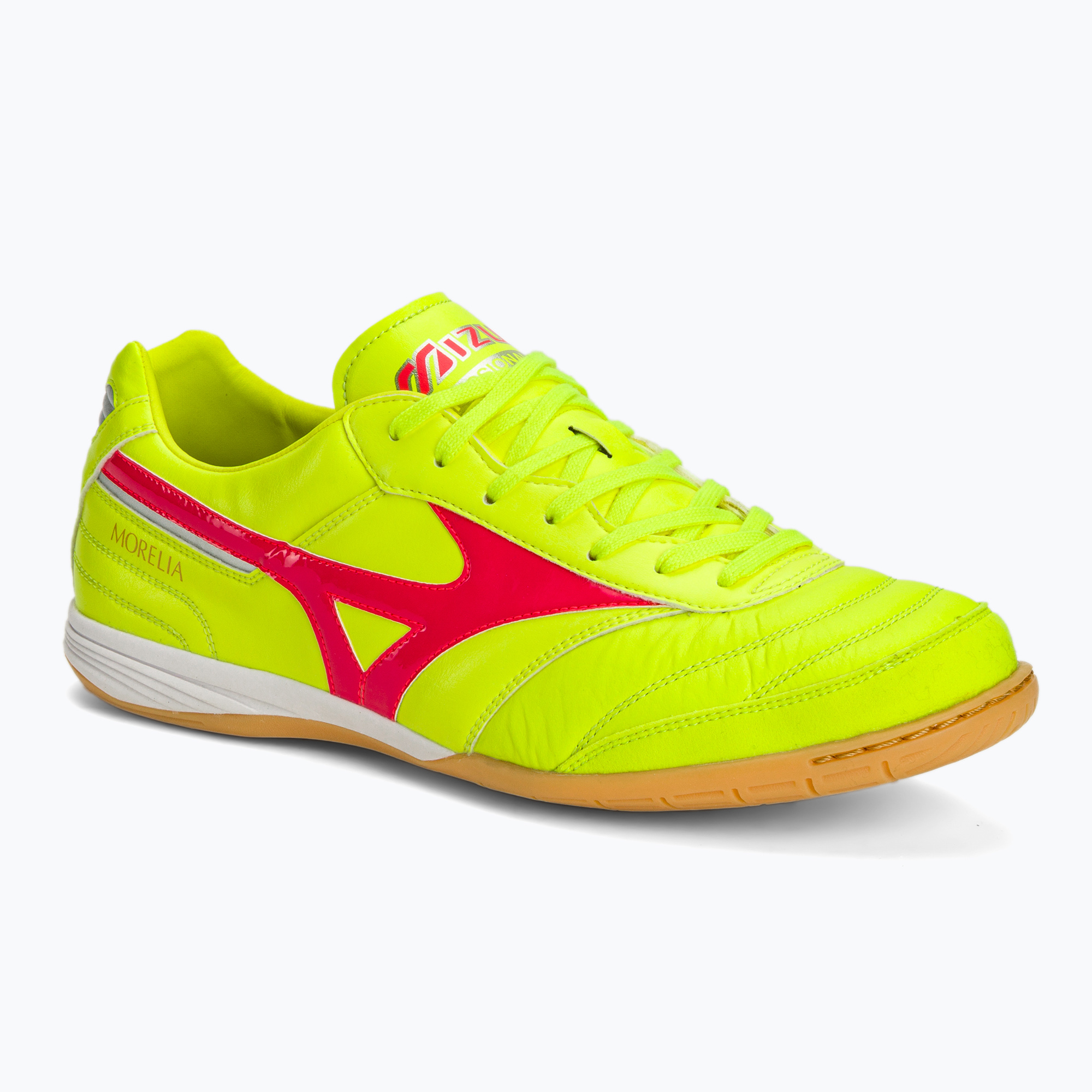 Încălțăminte de fotbal pentru bărbați Mizuno Morelia Sala Elite IN safety yellow/fiery coral 2/galaxy silver (Morelia Sala Elite IN Q1GA240145)
