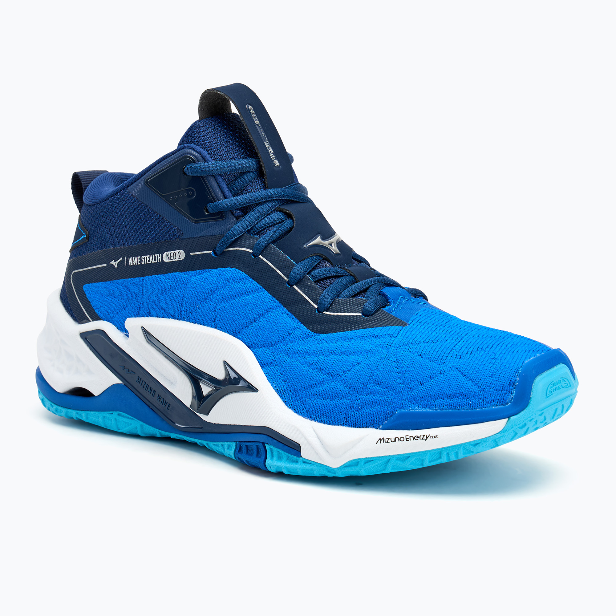 Încălțăminte de handbal pentru bărbați Mizuno Wave Stealth Neo 2 Mid mugen blue/white/estate blue (Wave Stealth Neo 2 Mid X1GA240501)