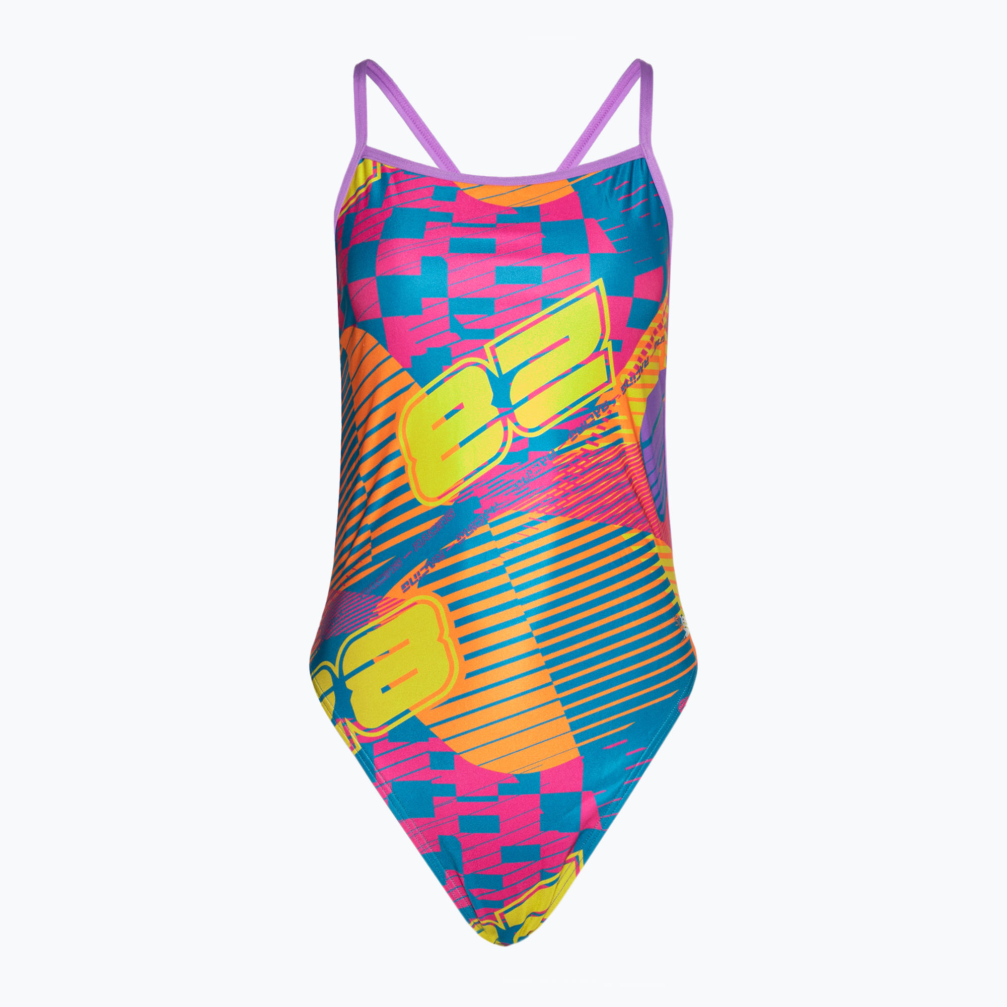 Costum de baie dintr-o bucată pentru femei Speedo Allover Digital Vback flare pink/bit lime/sweet purple/bolt (Allover Digital Vback 8-1284316625)