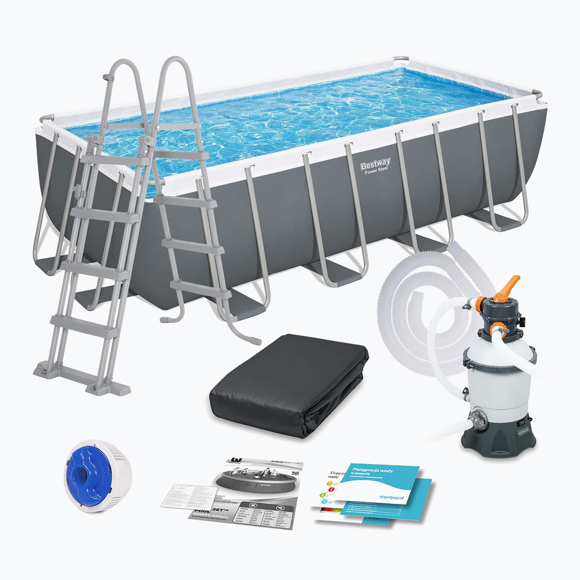 Piscină de exterior Bestway Power Steel Rectangular Pool Set 488 x 244 cm gri închis (Power Steel Rectangular Pool Set 56671N)