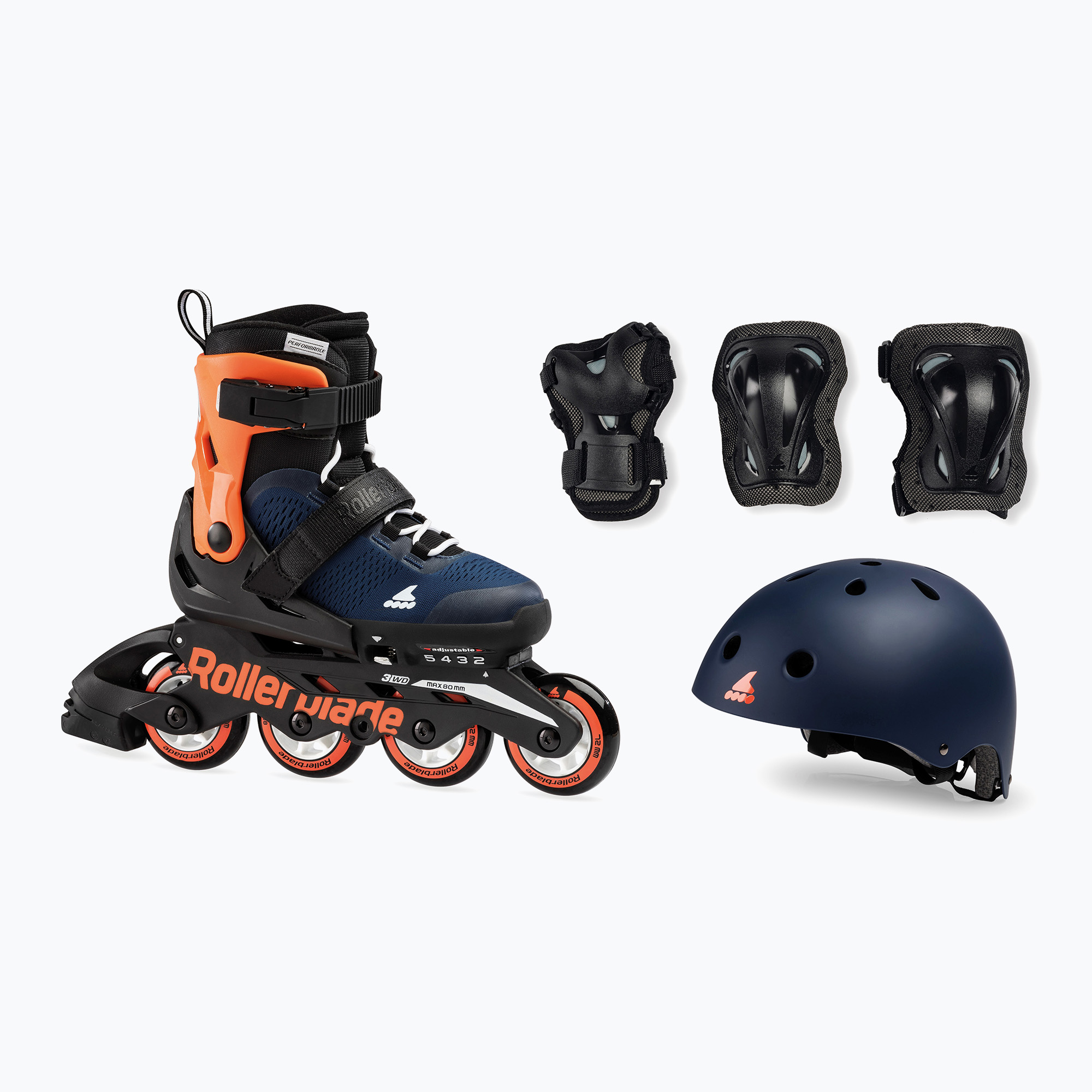 Rollerblade Microblade Cube Jr albastru miezul nopții/portocaliu cald patine cu rotile pentru copii cu cască și protecții